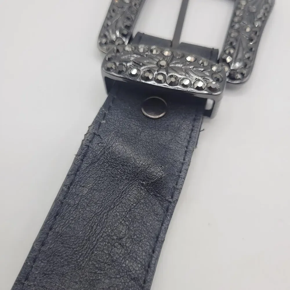 Black Leather Belt Med Western Cowgirl Rhinestone Buckle Studs Boho Rodeo Bling